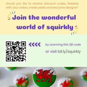 May include: Image with text: "Join the wonderful world of squirkly". A QR code and the URL bit.ly/squirkly are also present. The bottom of the image displays round buttons featuring a red dragon on a green and white background.