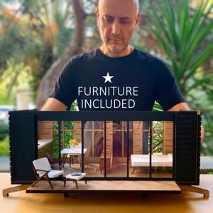 1:12 Modern Dollhouse Kit with Fully Assembled Mid-Century Furniture, Tiny House Architectural Model