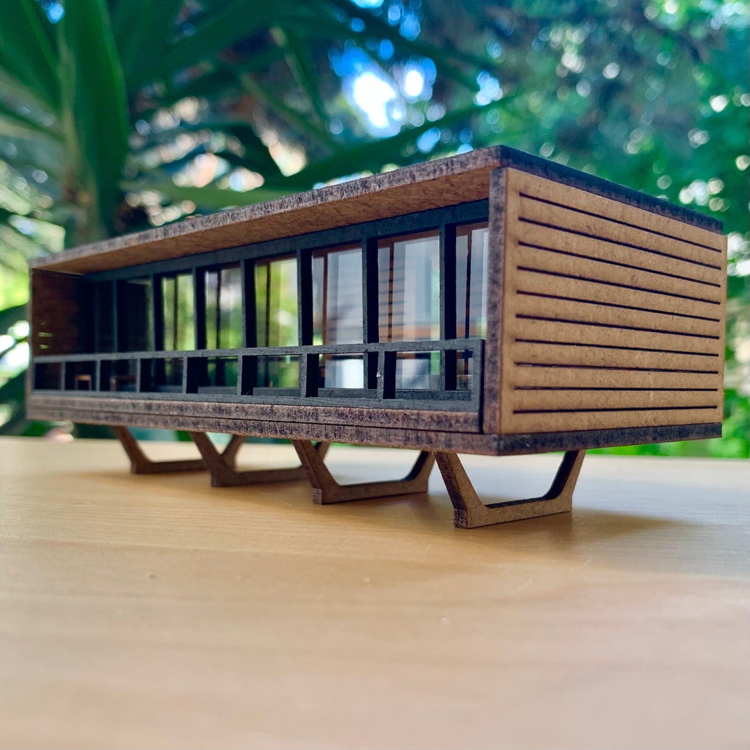 Midcentury Modern Stilt House DIY Kit, 1100 Scale Wooden Micro Dollhouse With Modern Furniture