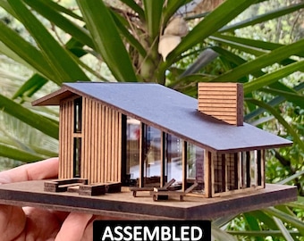 Mid Century Modern Miniature House – Assembled Micro Dollhouse with Furniture - Modern Architecture Gift - 1:100 Scale Model