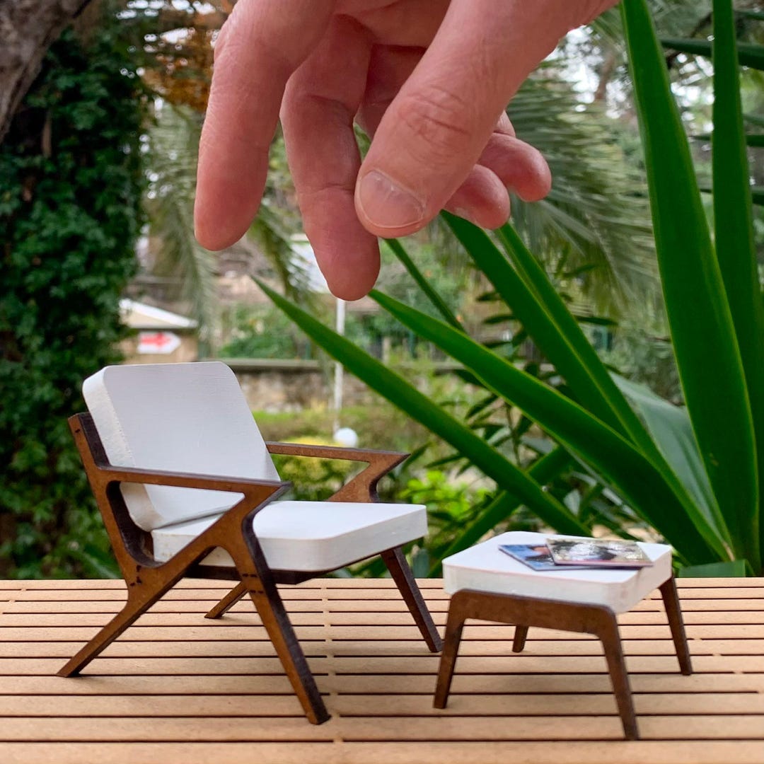 Mid-century Modern Dollhouse Armchair and Ottoman - 1:12 Scale