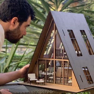 Modern Dollhouse Kit 1:12, DIY Miniature A Frame Cabin, Wooden Doll House