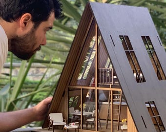 Moderner Puppenhaus Bausatz 1:12, DIY Miniatur A Frame Cabin, Holzpuppenhaus