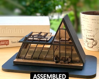 Decorative Wooden Mini House, A-frame Tiny House Architectural Model, Modern Micro Dollhouse with Furniture, Modern Desktop Decor