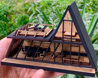 Modern Micro Dollhouse with Furniture, DIY Expanded A-Frame Cabin, Modern Bungalow Miniature, Triangel Cottage Architectural Model