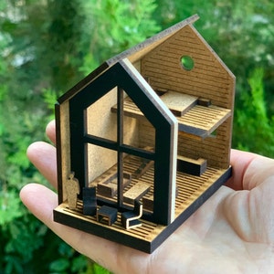 DIY Miniature Cabin House, Modern Wooden Tiny Cabin, Micro Dollhouse for Dollhouse, DIY Black Small House Kit, Architectural Model