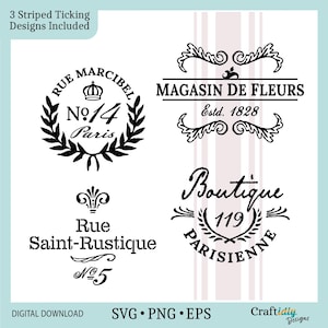 フランスのラベル エフェメラ SVG バンドル、ティッキング ストライプ 小麦粉袋、ビンテージ パリ スタンプ、デジタル ステンシル、クリカット、シルエット、ジャンク ジャーナル PNG
