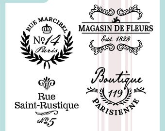 French Labels Ephemera SVG Bundle, ticking stripe flour sack, vintage Paris stamps, digital stencil, Cricut, Silhouette, junk journal PNG
