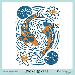 Peixe Koi e Lírios SVG, carpa koi japonesa, presente de Peixes, padrão floral retrô vertical de peixe koi e lírio PNG, YinYang, Cricut, Silhouette