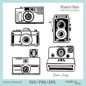 5台のビンテージカメラSVGバンドル、レトロカメラポスターPDF、インスタマティックカメラ、写真家へのギフト、写真愛好家PNG、クリカット、昇華