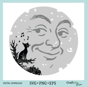May include: A gray, smiling moon face with a black cat perched on a tree branch, singing musical notes. Below the cat are black pumpkins. The image includes the text "DIGITAL DOWNLOAD SVG • PNG • EPS".