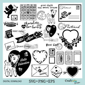 Pacote SVG de itens efêmeros vintage para o Dia dos Namorados, PNG para impressão, selos postais, cartão postal, frases para colagem, diário de lixo, rosas, cartas de amor