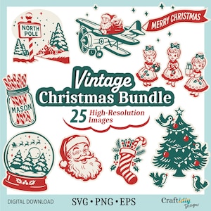 Puede incluir: Una colección de imágenes navideñas vintage. Incluye a Papá Noel en un avión, un letrero del Polo Norte, niños, una bola de nieve, un árbol de Navidad y un calcetín. También están presentes las palabras "Vintage Christmas Bundle" y "Merry Christmas".