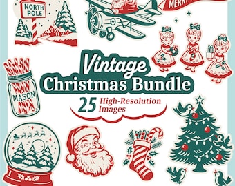 25 Vintage Christmas Bundle SVGs, Retro Holiday Elements 1950s 1960s, Mid Century Santa shirt PNG, Santa flying airplane, clipart, Cricut