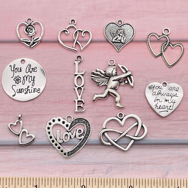 Valentine's Day Charms, Set of 11 Valentine's Day Pendants, Silver Tone Alloy Love Charms, Love Day Charms, Hearts Charms