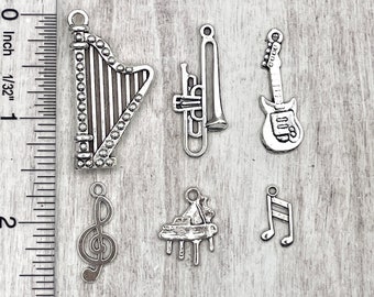 Music Charms set of 6, Silver Tone Alloy Charms, Charms for Bracelets, Charms for Earrings