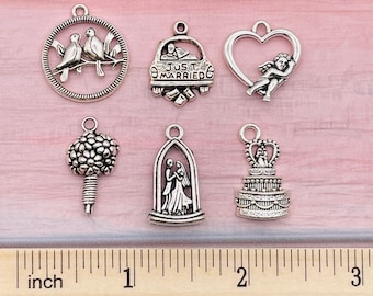 Wedding Charms: Silver Tone Bridal Pendants, Jewelry Making - Set of 6