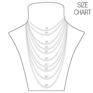 May include: A size chart for necklaces, showing different lengths from 13 inches to 48 inches. The chart is displayed on a white background with a mannequin wearing the necklaces.