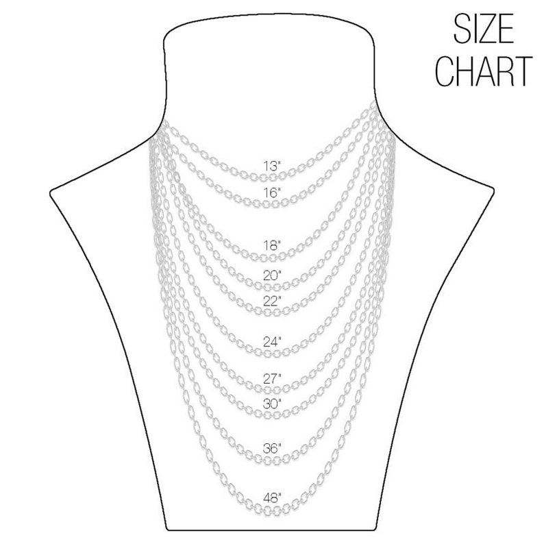 May include: A size chart for necklaces, showing different lengths from 13 inches to 48 inches. The chart is displayed on a white background with a mannequin wearing the necklaces.