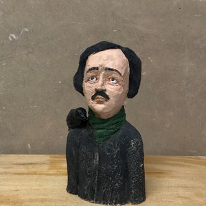 Edgar Allen Poe Mini Bust Sculpture- Handmade Ceramic Sculpture - Poe with the Raven Statue