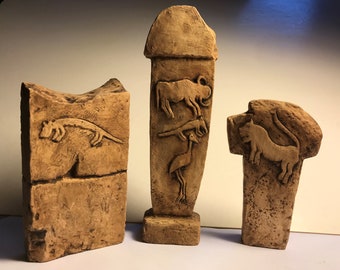 Gobeklitepe Statuen 3-teiliges Set, T-förmige handgefertigte Keramik, Anatolische Zivilisationen Souvenir