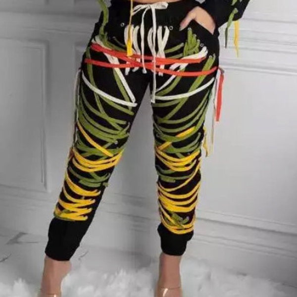 All tied up lace up string up colorful yellow green  casual pants trousers entangled