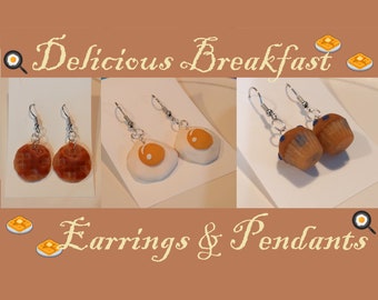 Delicious Breakfast Food Bungelen Oorbellen & Hangkettingen | Doorboorde of Clip-on Oorbellen | 3 ONTWERPEN