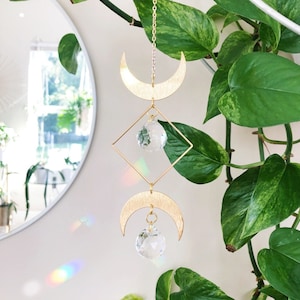 Moon Phase Suncatcher, Suncatcher For Windows, Moon Suncatcher, Suncatcher Crystal Prism, Gold Crescent Moon, Gift, Suncatcher Prism | Luna