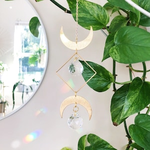 Moon Phase Suncatcher, Suncatcher For Windows, Moon Suncatcher, Suncatcher Crystal Prism, Gold Crescent Moon, Gift, Suncatcher Prism || Luna