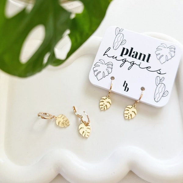 Huggie Hoop Monstera Earrings, 18K Gold, Plant Earrings, Plant Huggies With Charms, Houseplant Accessories, Gift, Plant Lover, Monstera Leaf