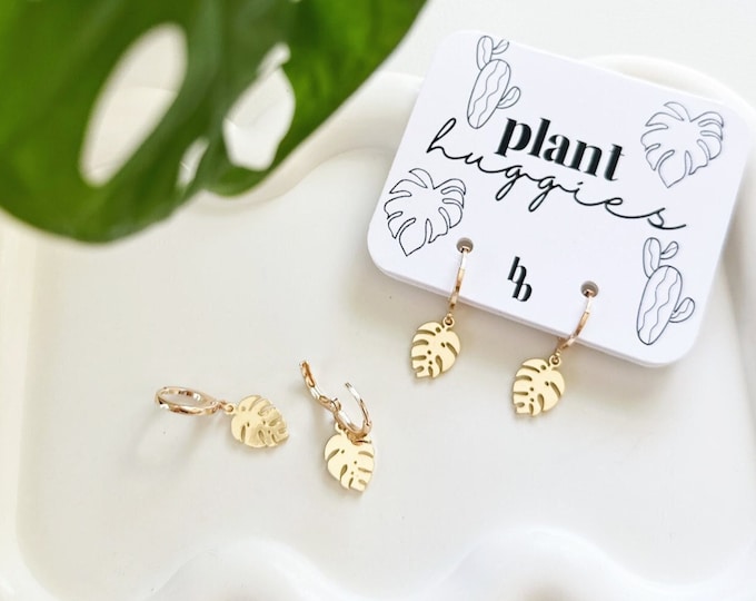 18K Gold Monstera Leaf Huggie Hoop Earrings | Plant Accessories
