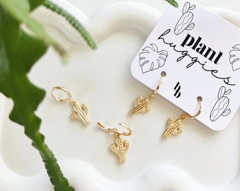 Huggie Hoop Cactus Earrings, 18K Gold, Plant Huggies, Houseplant Accessories, Plant Gift, Plant Lover, Huggies With A Charm, Dangle Charms