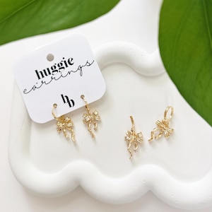 18K Gold Bow Huggie Hoop Earrings | Ribbon Dangle Charm
