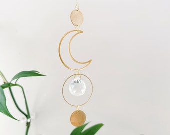 Moon Suncatcher, Crystal Prism, Gold Moon Phase Ornament, Window Hanging, Rainbow Maker, Crescent Moon Charm, Witchy, Gift || Astrid