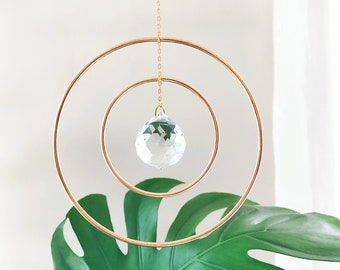 Gold Double Hoop Crystal Mobile, Suncatcher Prism, Suncatcher Window, Plant Room, Gift, Rainbow Maker, Glass Crystal, Sun Catcher || Aurora