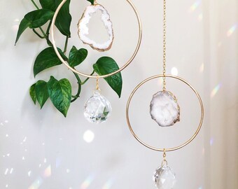 Druzy Agate Crystal Suncatcher, Gold Plated Irregular Geode, Suncatcher Prism Crystal, Suncatcher Window, Druzy Stone Pendant, Gift || Roxy