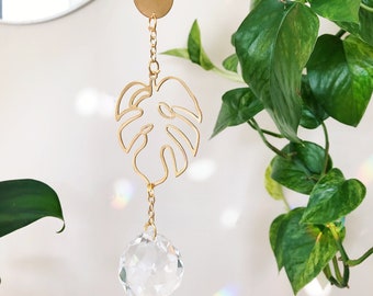 Suncatcher Monstera Leaf, Gold Hoop Crystal Prism, Sun Catcher Window Hang, Plant Hanging, Plant Charm, Houseplant Gifts, Plant Lady || Mia