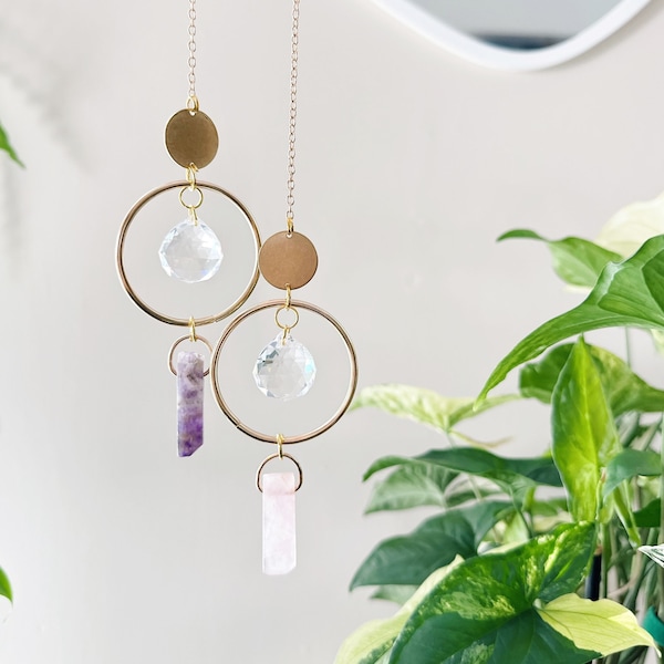 Crystal Suncatcher Mini, Rose Quartz & Amethyst Stone, Suncatcher For Windows, Crystal Prism, Agate Slice Pendant, Sun Catcher Gifts  || Ava