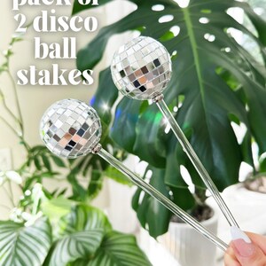 May include: A pack of two silver disco ball stakes. The stakes are made of clear glass and have a silver disco ball on top. The disco balls are about 3 inches in diameter.