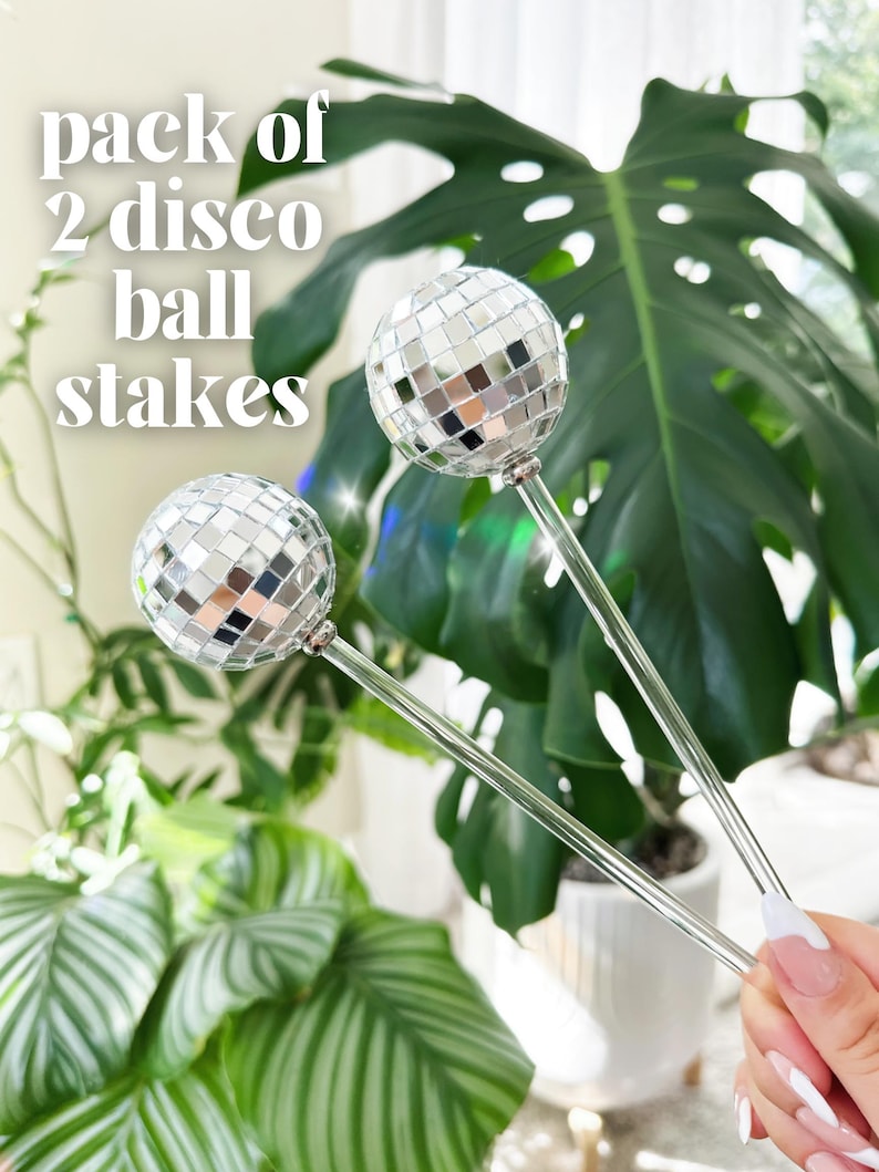 May include: A pack of two silver disco ball stakes. The stakes are made of clear glass and have a silver disco ball on top. The disco balls are about 3 inches in diameter.