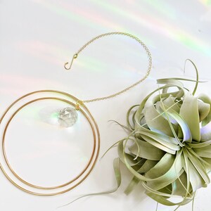 May include: A gold chain with a crystal ball hanging from two gold hoops. The chain has a hook at the end. The crystal ball is clear and reflects light. The chain is hanging from a green air plant.
