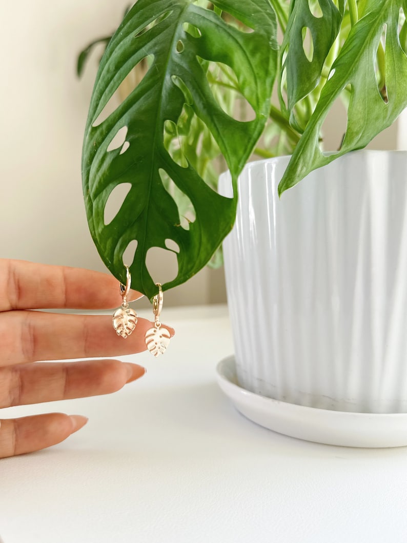 May include: Gold hoop earrings with a small, delicate monstera leaf charm hanging from each hoop.