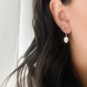 May include: A pair of gold hoop earrings with a small, clear gemstone stud in the upper lobe and a dangling gold leaf charm on the lower lobe.