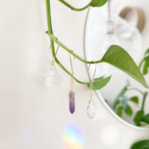 Crystal & Amethyst Plant Charm Suncatchers, Sun Catcher Crystal, Suncatcher Window, Gift, Crystal Prism, Plant hanger, 18K gold || Violet