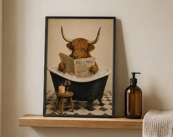 Highland Cow Bathroom Poster, Funny Daily Moo Bath Wall Art, Premium Matte Unframed Print, Quirky Farmhouse Bathroom Decor