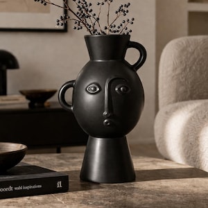 Matte Black Face Vase, Abstract Sculptural Vase, Modern Statement Home Décor, Quirky Shelf and Mantel Ornament