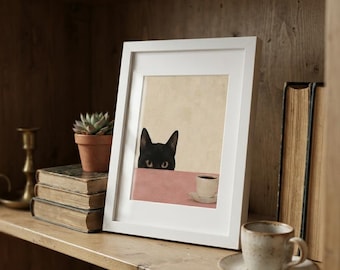 Black Cat Coffee Poster, Funny Cat Wall Art, Pink Kitchen Print, Quirky Coffee Bar Decor, Cat Lover Gift, Unframed Matt Poster