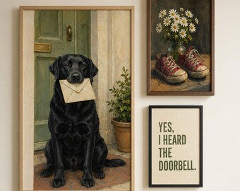 Entryway Wall Art, Set of 3, Funny Black Labrador and Vintage Hallway Prints