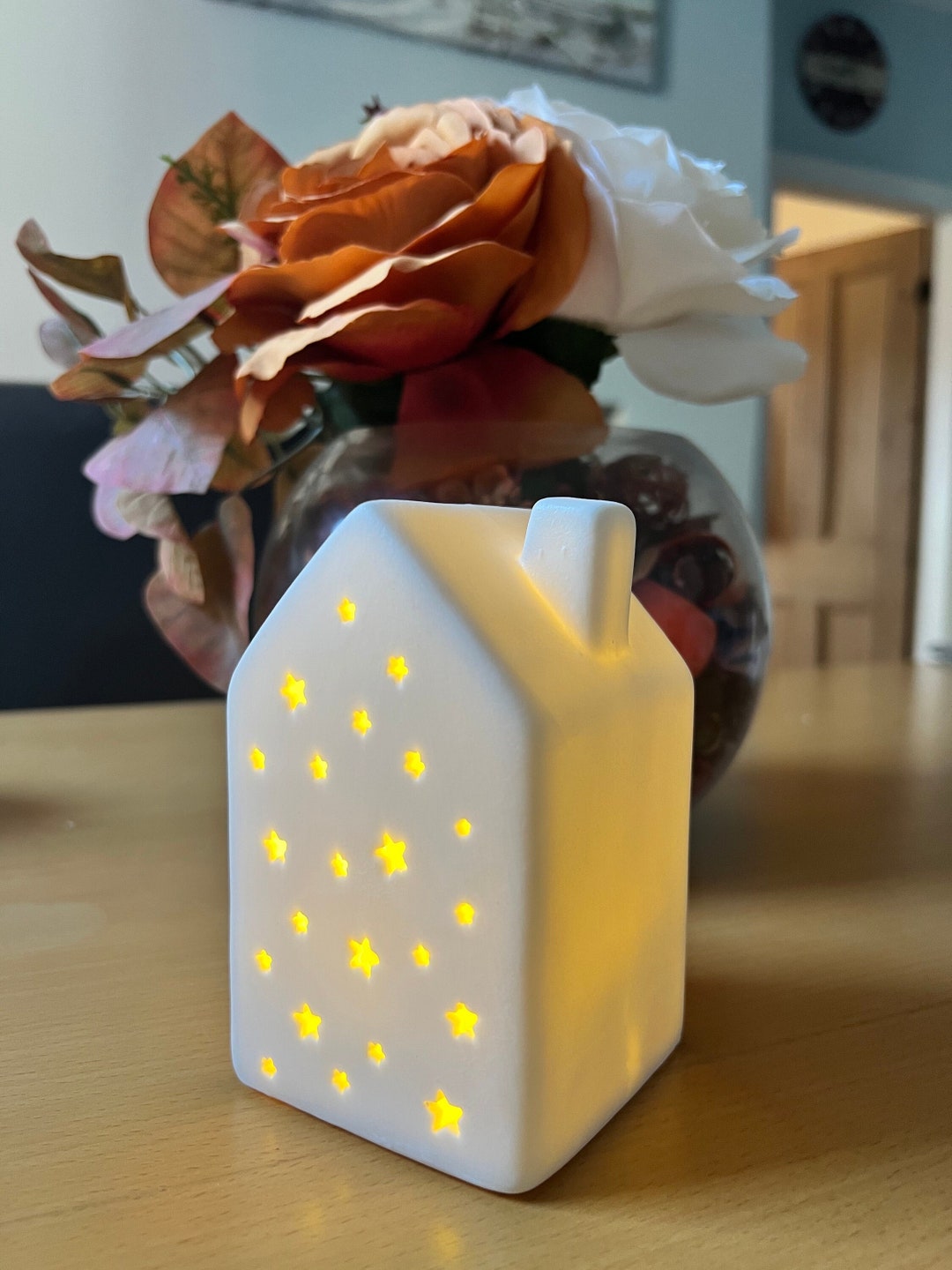Small Ceramic LED House, White LED House Decor, Ceramic House With Star