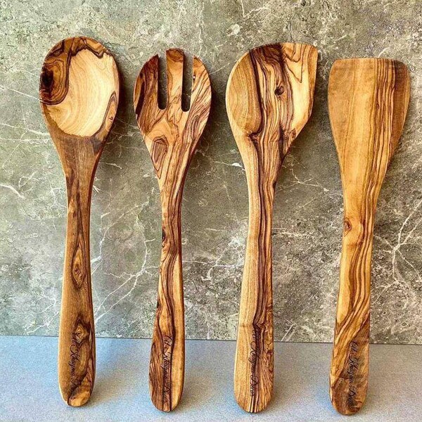 Spoon, Fork, Spatula and Corner Spoon Utensil Set | Olive Wood | Al Khayma Decor